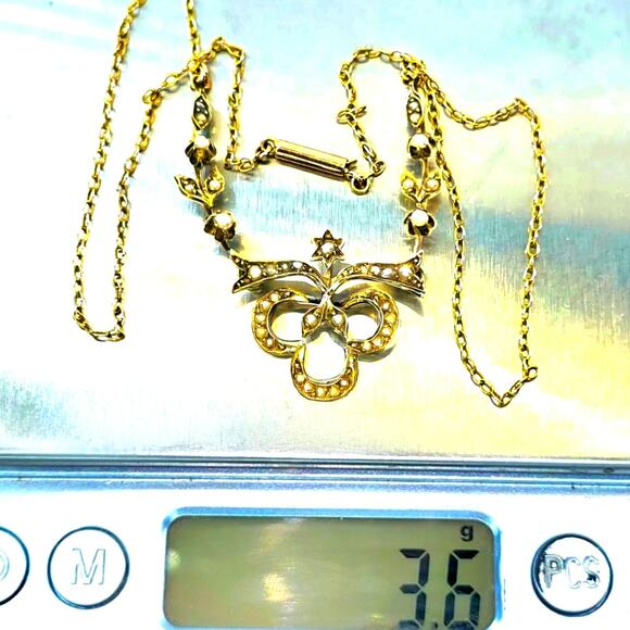 Antique 10k Seed Pearl Hinged Gold Lavalier Star Floral Clover Design Necklace - Picture 6 of 11